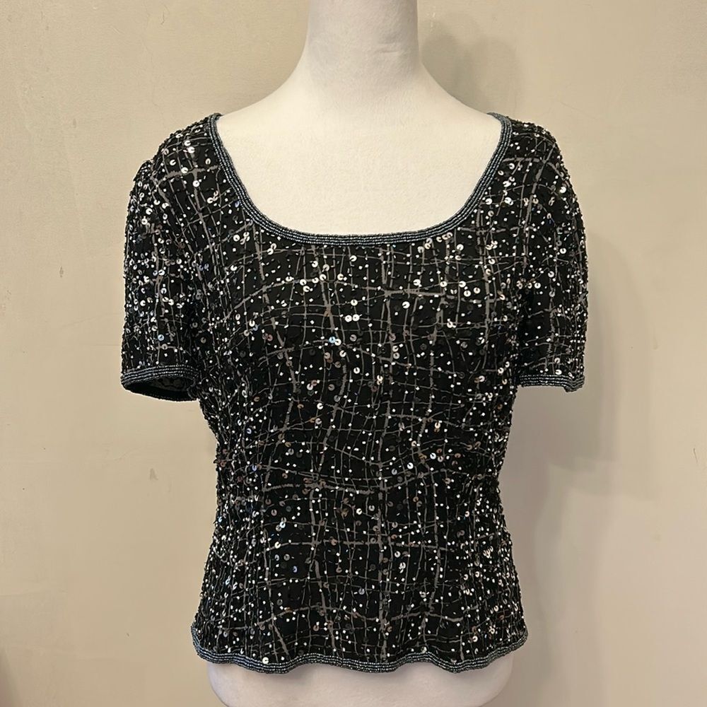 Papell Boutique black silk beaded sequined short sleeve blouse Size M EUC